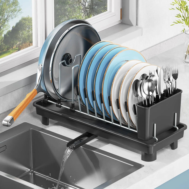 LIONONLY Small Dish Drying Rack Compact Dish Rack for Kitchen Counter with 360° Rotatable Spout Stainless Steel Dish Drainer Space Saving Plate Rack Dish Strainer with Cutlery Holder